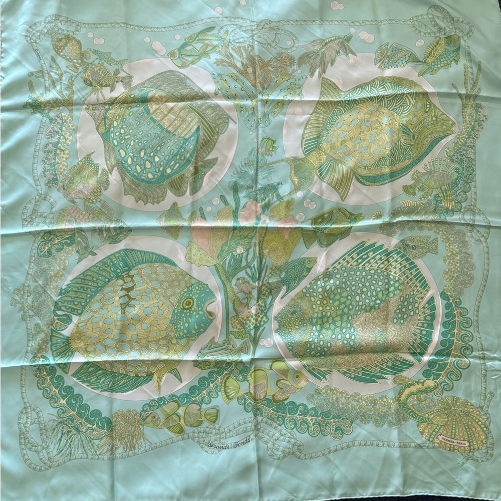 Highly Collectible authentic Hermes “Grands Fonds” silk scarf by Annie Faivre